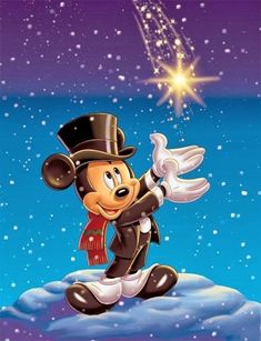 mickey mouse flying through the air in front of a star filled sky with snow and stars