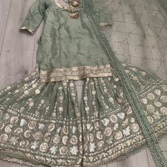 Stunning Suit Net Dupatta Size Small For Height 5’4” Pista Color Pakistani Gharara, Gharara Suits, Net Dupatta, Sage Green, Desi, Green, Dresses, Women Shopping, Color