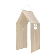 a white tent with curtains hanging from it