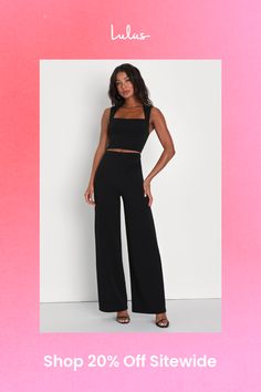 With a chic blazer, leather jacket, or coat, there's no end to how you could style the Lulus Enticing Endeavors Black Two-Piece Jumpsuit! This sleeveless jumpsuit is made from stretchy crepe knit with a square neckline and a princess-seamed seamed bodice. The matching bottoms feature a high, banded waist that tops classic, wide pant legs that fall to ankle-length hems. Hidden back zipper. Fit: This garment fits true to size. Length: Floor length. Size medium Inseam: 32.50 Front Rise: 12.25 Bust: Great for any cup size. Waist: Fitted - very fitted at natural waist. Hip: Loosely Fitted. Undergarments: May be worn with a strapless bra, adhesive bra, petals, or no bra. Fabric: Fabric is very stretchy. Lined. Shell: 95% Polyester, 5% Spandex. Lining: 100% Polyester. Hand Wash Cold. Do Not Bleac Fitted Chic Pantsuit For Fall, Chic Solid Color Party Pantsuit, Chic Fitted Pantsuit For Fall, Elegant Solid Pantsuit For Night Out, Elegant Solid Color Pantsuit For Night Out, Elegant Solid Color Pantsuit For Date Night, Sleek Evening Pantsuit For Spring, Chic Formal Pantsuit, Chic Evening Pantsuit For Fall