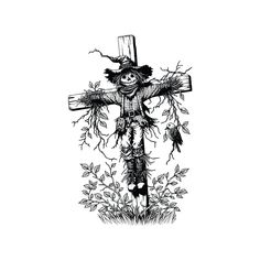 a black and white drawing of a crucifix with leaves on the ground