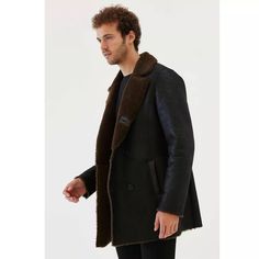 Men's Dark Brown Fur Shearling Leather Coat In Black Elevate your winter style with our Men's Dark Brown Fur Shearling Leather Coat. Crafted from genuine sheepskin leather with a semi-aniline finish and faux shearling lining. The standout dark brown fur collar adds a touch of luxury. With a classic button closure and practical side pockets, this coat exudes timeless sophistication in rich dark brown. Outer Shell: Real Leather Leather Type: Sheepskin Leather Finish: Semi-aniline Inner Shell: Faux Shearling Feature: Dark Brown Fur Collar Closure Style: Button Collar Style: Turn Down Cuffs Style: Open Hem Outside Pockets: Two Side Pockets Color: Black Winter Leather Jacket With Suede Lining, Black Sheepskin Fur Coat With Faux Fur Lining, Winter Business Outerwear With Leather Lining, Black Leather Fur Coat With Faux Fur Trim, Black Sheepskin Long Coat, Winter Leather Long Fur Coat, Black Leather Lined Winter Outerwear, Black Leather-lined Winter Outerwear, Luxury Leather Fur Coat For Winter