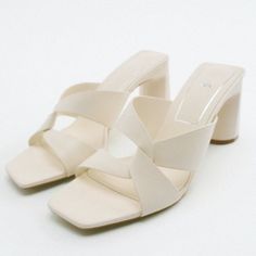 Zara Shoes | Nwot Zara Square Toe Twist Heels | Color: Cream/White Cream Flat Heels For Summer, Summer Cream Flat Heels, Summer Cream Closed Toe Block Heels, White High Heel Mules With Wrapped Heel, White Mules With Heel Loop For Spring, White Mules With Reinforced Heel For Spring, Cream Square Toe Sandals For Party, White Open Heel Mules With Padded Heel, White Summer Mules With Wrapped Heel