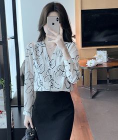 White Abstract Flower Pattern Blouse | IM - MONSTA X White S White Spring Office Blouse, White Spring Blouse For Office Wear, White Office Lady Blouse For Spring, White Spring Tops For Office Style, Spring White Office Blouse, Spring Office Blouse In White, White Floral Print Office Blouse, White Floral Print Blouse For Office, White V-neck Blouse For Office