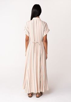 Shop this flowy boho button-front maxi dress in a multi-color neutral stripe. With side pockets. Designed in LA, under $100! Resort Maxi Dress, Button Front Maxi Dress, Bohemian Maxi, Paneled Skirt, Bohemian Maxi Dress, Striped Maxi, Striped Maxi Dresses, Linen Dresses, Waist Tie