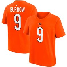 Encourage your young fan to show support for their favorite Cincinnati Bengals player with this Joe Burrow Name and Number T-shirt from Nike. It's designed as a simpler alternative to the on-field Cincinnati Bengals jerseys. Soft fabric makes this Cincinnati Bengals tee an ideal option for game day. Short sleeve Machine wash with garment inside out, tumble dry low Imported Screen print graphics Material: 100% Cotton Crew neck Brand: Nike Officially licensed Nike T-shirt With Team Logo For Fan Merchandise, Nike Sports Fan T-shirt With Team Name, Nike T-shirt For Football Season Sports Events, Nike T-shirt With Team Logo For Football Season, Jersey T-shirt With Team Name For Fan Merchandise, Nike T-shirt For Football Season Game Day, Nike Short Sleeve T-shirt For Football Season, Nike T-shirt With Team Name For Game Day, Nike Baseball Season Fan Apparel T-shirt