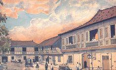 an old painting of people walking around in front of some buildings with balconies