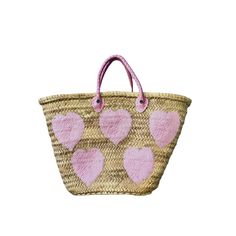 Large Straw Bag with Pink Sequin Hearts Pink Bucket Straw Bag With Braided Handles, Pink Straw Tote Bag With Braided Handles, Pink Handwoven Bucket Straw Bag, Pink Straw Tote Bag, Handmade Pink Bucket Straw Bag, Pink Handwoven Basket Beach Bag, Handwoven Pink Basket Beach Bag, Pink Handwoven Straw Bag, Handmade Pink Straw Tote Bag