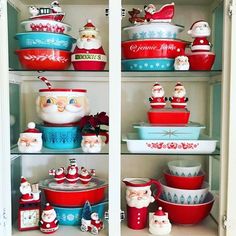 christmas dishes and santa hats on shelves in a kitchen