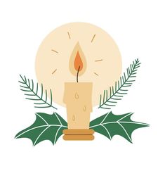 a lit candle with holly leaves around it