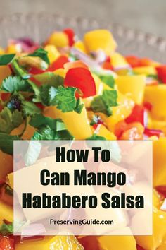 Pinterest Pin for How To Can Mango Habanero Salsa. Image of colorful mango habanero salsa in a glass bowl. Mango Habanero Salsa Canning, Habanero Salsa Canning, Canning Mango, Mango Salsa Canning Recipe, Steam Canning, Salsa Recipe For Canning, Habanero Salsa Recipe, Habanero Recipes, Mango Habanero Salsa