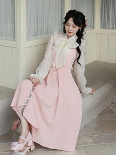 This Victorian Lolita Pink Dress is made from high-quality cotton blend fabric, perfect for all occasions. It features a classic design with a high neckline, full length sleeves, and intricately detailed lace trim. Perfect for showcasing your sense of style and charm! Korean Dress Elegant Long, Pink Elegant Dress, Korean Dress Elegant, Vintage Fairy Dress, Fairy Dress Women, Party Midi Dress, Vintage Fairy, Denim Fashion Women, Lace Vintage