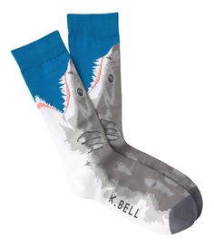 From K. Bell, these crew socks feature:Great white shark designArch supportComfortable crew fitMachine wash / tumble dryImported. Shark Things, Shark Clothes, Shark Stuff, Shark Socks, Day Fits, Cool Sharks, Shark Decor, Sock Lovers, Shark Art