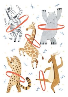 an image of animals playing with hula hoops in the air on a white background