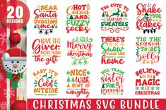 christmas svg bundle with santa claus and snowflakes on the bottom, merry lettering