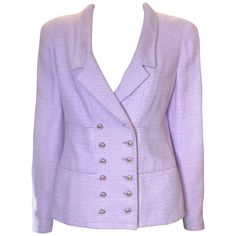 - 1996 Chanel Cruise Collection double breasted lavender cotton jacket. - Gold "CC" Hardware. - Size 42 (it has been altered, so it fits like 38). - Measurements: Shoulder to shoulder : 15 inches. Bust: 30 to 32 inches Waistline: 30 to 32 inches. Sleeve: 23 inches long each. Lavender Cotton, Color Lavanda, Chanel Cruise, Cruise Collection, Chanel Jacket, Women Clothes, Cotton Jacket, Couture Fashion, Double Breasted