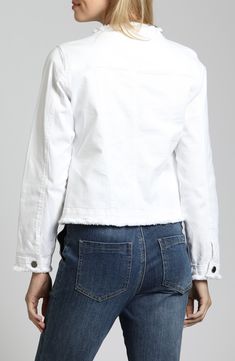 A fun update to a classic style, this stretch-denim jacket features softly frayed edges and a fitted, collarless silhouette for casual-chic layering. Front button closure Collarless Button cuffs Chest button-flap patch pockets 70% cotton, 28% polyester, 2% elastane Machine wash, tumble dry Imported Asian Owned/Founded Collarless Denim Jacket, White Denim Jacket, White Denim, Sweater Jacket, Dress Pants, Stretch Denim, Jean Jacket, Effortless Style, Casual Chic