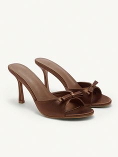 Round Toe Bowknot Elegant High Heel Mule Sandals For Women Bronze Fashionable    Plain    Women Shoes, size features are:Bust: ,Length: ,Sleeve Length: Bridesmaids Heels, Elegant High Heels, High Heel Mules, Heeled Mules Sandals, Party Heels, Brown Heels, Mule Sandals, Sandals For Women, Kids Sleepwear