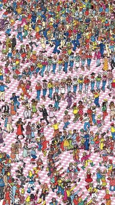 a large group of cartoon characters on pink and white checkered fabric