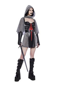 Fight Medieval crime with this costume set that includes a mini dress that has a mixed shimmery chainmail inspired mesh and vegan leather construction, an underwire bust, dome stud detailing on the sides and shoulder straps,a sword graphic on the front, Comes with a matching shimmery caped hood, a vegan leather belt, and matching gloves with stud details and thumbhole cuffs. Anime Women Costume, Androgynous Halloween Costumes, Attack On Titan Halloween Costume, Cute Womens Halloween Costumes, Vampire Halloween Costume Women, Knight Costume Women, Female Knight Costume, Medieval Halloween Costumes, Women Viking Costume