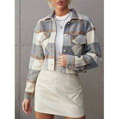 You'll easily keep those chilly evenings at bay with the Plaid Cropped Jacket! Sturdy fabric, with a classic plaid pattern throughout, shapes this shacket that has a collared neckline, full button placket and front patch pockets. Long sleeves (with button cuffs) and cropped cut finish this perfect piece. This relaxed outerwear layer will have you cozy and on-trend all season. Size: XS.  Color: Gray.  Gender: female.  Age Group: adult. Gray Fall Outerwear With Button Closure, Gray Outerwear With Button Closure For Fall, Gray Button Closure Fall Outerwear, Gray Button Closure Outerwear For Fall, Gray Collared Outerwear For Fall, Gray Outerwear With Pockets For Fall, Casual Gray Collared Outerwear, Gray Collared Outerwear For Spring, Short Coats Women