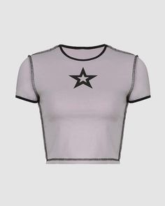 Details: Short-sleeve top with front star graphical designTop Length: CroppedSleeve Length: Short SleevesMaterials:95% Cotton + 5% Spandex Casual Stretch Top With Star Print, Gray Y2k Short Sleeve Tops, Gray Short Sleeve Y2k Top, Trendy Fitted Tops With Star Print, Fitted Star Print Summer Tops, Fitted Star Print Tops For Summer, Black Short Sleeve Tops With Star Print, Fitted Star Print T-shirt For Summer, Crew Neck Tops With Star Logo For Summer