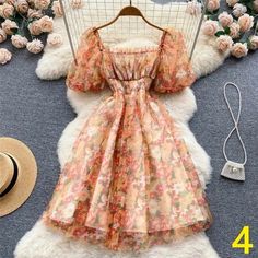 Women A-line Chiffon Floral Short Dresses Square Neck Puff Sleeve High Waist Floral Dress Shoes, Floral Dress Fashion, Fairy Skirt, Floral Dress Formal, Floral Chiffon Dress, Floral Dresses Short, High Waist Dress, Fairy Dress, Sweet Floral