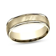 Dynamic diagonally brushed satin texture wraps around the center of this classic 6.0mm wedding band, fashioned in 14K yellow gold. High-polish trim borders above and below the center and lines inside of the band to complete the look. Formal Yellow Gold Bands With Milgrain, Formal Yellow Gold Wedding Rings With Milgrain, Elegant Jewelry With Brushed Finish For Anniversary, Classic Rings With Brushed Finish For Formal Occasions, Elegant Formal Rings With Brushed Finish, Formal Yellow Gold Band With Polished Edges, Formal Yellow Gold Bands With Polished Edges, Formal Yellow Gold Wedding Band With Decorative Details, Elegant Wedding Rings With Brushed Finish