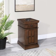 a small wooden cabinet next to a potted plant in a room with white walls