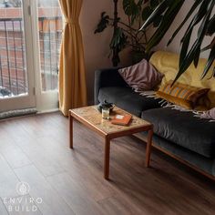 a living room filled with furniture and a large plant next to a sliding glass door