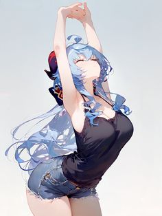 a woman with blue hair is posing for the camera while holding her hands up in the air