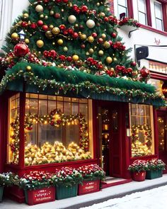 a christmas tree in front of a store