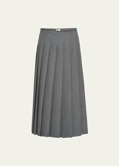 Prada Pleated Kid Mohair Belted Midi Skirt - Bergdorf Goodman Elegant Pleated Skirt With Belt, Classic Relaxed Skirt With Belt Loops, Classic Office Skirt With Belt Loops, Elegant Relaxed Skirt With Belt, Elegant Skirt With Belt, Elegant Wool Pleated Skirt For Work, Classic Belted Office Skirt, Elegant Workwear Skirt With Belt, Classic Formal Belted Skirt