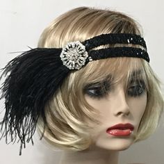 Flapper 1920s headband, Gatsby headband, 1920s headpiece, 1920s headband, 1920s hair accessory, Feather headband, Jazz Age This stunning 1920's Vintage Inspired Gatsby headband is the perfect accompaniment for any 1920s styled event. I've designed and created this one-of-a-kind headband so feminine and romantic. Made with two Black woven Sequin trim backed with black satin elastic. This makes the headband self-adjusting.  I embellished this headpiece with a high-quality Crystal Rhinestone Brooch 1920s Headwear, 1920 Accessories, Band Embroidery, 1920s Hair Accessories, Flapper 1920s, 1920s Headband, Gatsby Headband, 1920s Headpiece, 1920s Hair