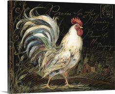 a painting of a rooster standing in front of a black background with writing on it