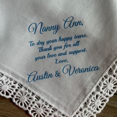 Wedding day gift for grandmother from the bride and the groom - personalized handkerchief 100% cotton high-quality handkerchief Hankie Size: 12 x 12 inches approx Create your own Poem/Verse/message. You can write your own unique text. I will do it a maximum of 80 words long. The text is not embroidered, the text is not printed. The text is made by special transfer vinyl. Production time 2 weeks. A wide selection of wedding handkerchiefs in a separate category. Come, see, choose, buy https://www. Personalized Cotton Handkerchiefs, Customizable Handkerchiefs For Mother's Day, Mother's Day White Cotton Handkerchiefs, White Cotton Handkerchiefs For Mother's Day, Customizable White Handkerchiefs For Mother's Day, Grandmother Of The Bride, Personalized Handkerchief, Embroidered Hankies, Gift For Grandmother