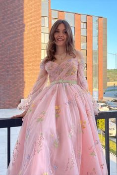 off the shoulder pink floral long sleeves princecss dress formal gown Pink Floral Midi Dress, Puffy Long Sleeves, Princess Gown, Corset Bodice, Pink Floral Dress, Formal Gown, Tulle Fabric, Dress Formal, Floral Midi Dress