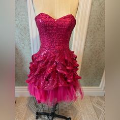 Betsey Johnson, Dark Pink Sequins. Strapless Dress Size 4 Petticoats Not Included. Like New In Bag. 90s Betsey Johnson Dress, Y2k Cocktail Dress, Homecoming Ideas Outfits, Fitted Pink Strapless Dress With Sequins, Pink Fitted Strapless Dress, 2000s Hoco Dress, Pink Outfits Aesthetic Baddie, Pink Party Outfit, Sparkly Hoco Dress