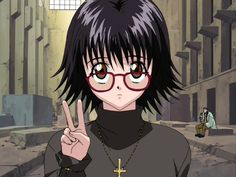 an anime character with glasses making the peace sign