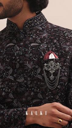 Introducing the black embroidered sherwani.
Crafted in polyester, it is enriched with intricate threadwork embroidery and cutdana embroidered neckline.
Opt for this outfit at wedding occasions and sangeet functions.
This sherwani is paired with a bottom. Threadwork Embroidery, Sherwani For Men, Embroidered Neckline, Black Floral, The Black, Thread