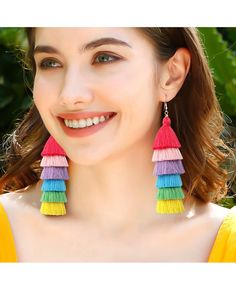 Get 10% off now! Buy ins bohemian rainbow colorful tassel long earrings at cheap price online. Free stable shipping and pro since 2009. Bohemian Rainbow, Pride Jewellery, Long Tassel Earrings, Retro Earring, Tassel Drop Earrings, Rainbow Earrings, Styl Boho, Colorful Earrings, Fashion Jewelry Earrings