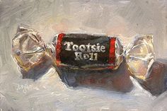 an oil painting of a chocolate bar with the word tootsie roll on it