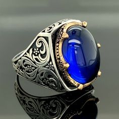 Men Handmade Ring , Sapphire Stone Ring , Ottoman Style Sterling Silver , Vintage Ring , Men Silver Jewelry , 925k Sterling Silver ★Item Details * Gender : Male / Female * Material : 925K Sterling Silver * Gemstone : Sapphire Zircon Stone * Total weight : 15 Grams * Stone Size 13x18 mm ✔ Ready to Ship in 1-2 Business Days .. ✔ Shipped to the Worldwide 1-5 business days with free shipping... ✔ The product will be sent to you with a handmade wooden box to avoid any damage during shipping... ✔ Visi Men Silver Jewelry, Ring Men Silver, Oxidized Silver Rings, Mens Gemstone Rings, Green Stone Rings, Ring Sapphire, Blue Stone Ring, Magical Jewelry, Ring Men