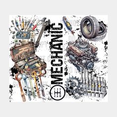 an image of mechanic tools and equipment on white background with grungy effect text