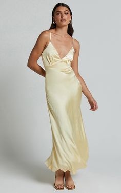 Lorenzia Maxi Dress - Plunge Corset Underbust Detail Satin Dress in Lemon Formal Yellow Dress Long, Evening V-neck Backless Dress With Fitted Bodice, Elegant Fitted V-neck Prom Dress, Elegant Backless Slip Dress With Ruched Bodice, Evening V-neck Dress With Corset Back, Elegant V-neck Slip Dress For Wedding, Glamorous V-neck Evening Dress For Date Night, Fitted V-neck Evening Dress For Prom, Glamorous V-neck Dress With Corset Back