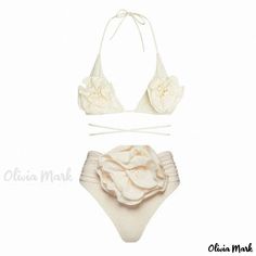 Olivia Mark - Elegant Rosette Applique Ruched Triangle Bikini Set - Fashionable and Flattering Elegant Cream Swimwear For Summer, Elegant Cream Swimwear For Spring, Cream Fitted Swimwear For Party, Fitted Cream Swimwear For Party, Cream Beachwear Swimwear For Summer, Chic Cream Swimwear For The Beach, Chic Cream Swimwear For Vacation, Chic Cream Swimwear For Pool, Chic Cream Swimwear For Swimming