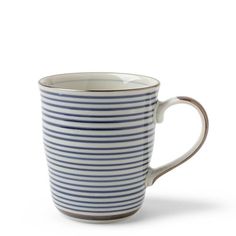 a blue and white striped coffee cup on a white background