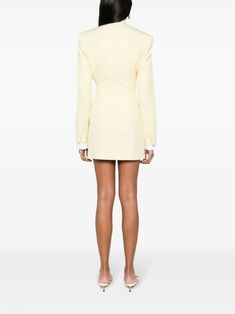 Jacquemus La Robe Cubo Mini Dress - Farfetch Formal Cream Mini Dress With Long Sleeves, Spring Long Sleeve Mini Dress With Structured Shoulders, Elegant Yellow Mini Dress For Work, Yellow Long Sleeve Mini Dress For Formal Occasions, Formal Long Sleeve Yellow Mini Dress, Formal Yellow Long Sleeve Mini Dress, Fall Long Sleeve Blazer Dress With Structured Boning, French Style Icons, Dress Yellow