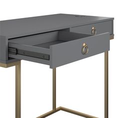 a grey desk with two drawers and gold legs