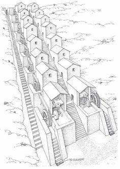 a drawing of a city with stairs leading up to the top and buildings on each side